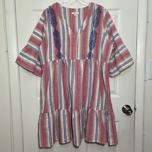 EASEL Striped Multicolor V-Neck Embroidered Tiered Dress with pockets | size L - Picture 2 of 10